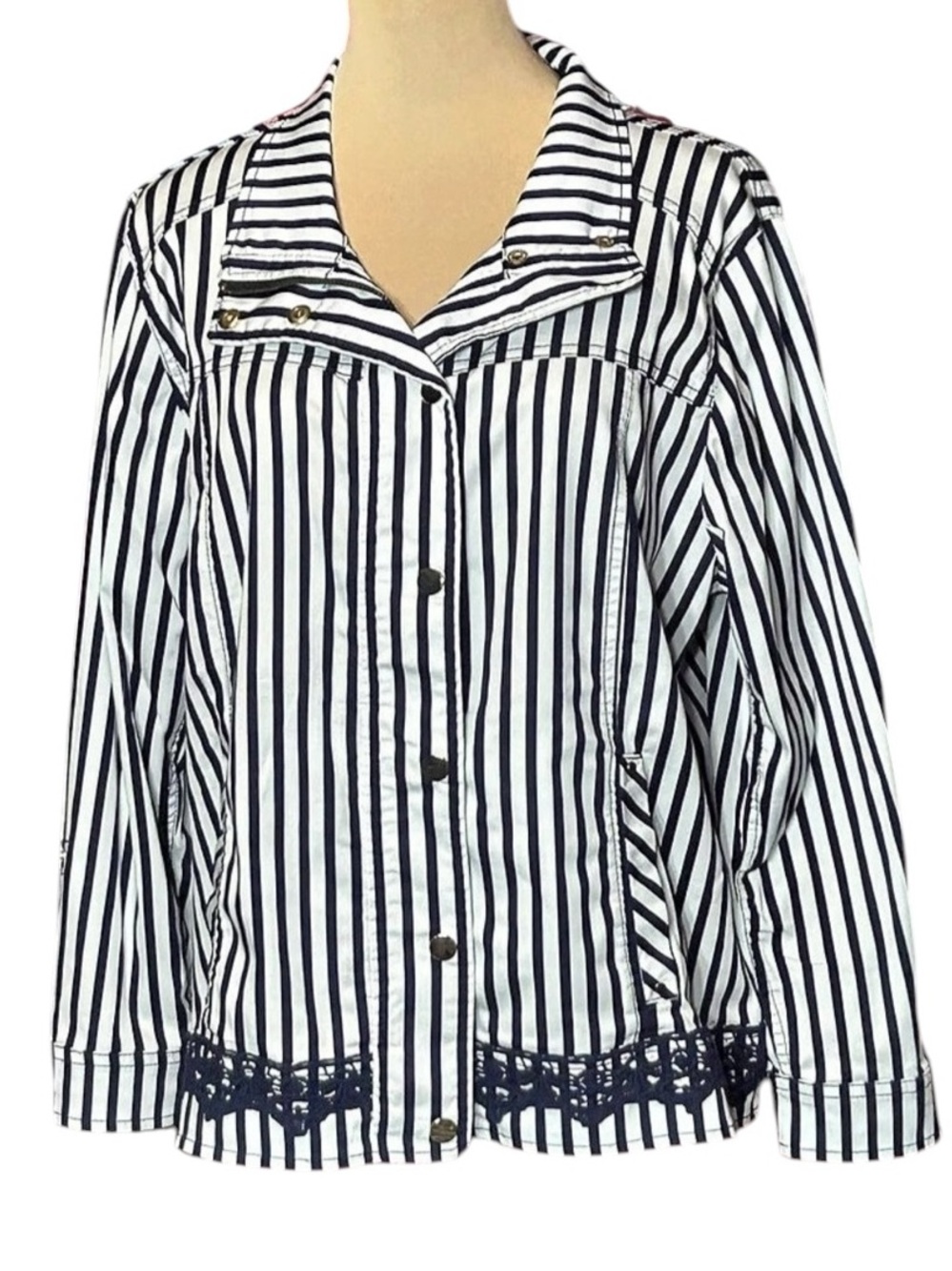 Chico's Striped Utility Jacket in White & Blue Size 2